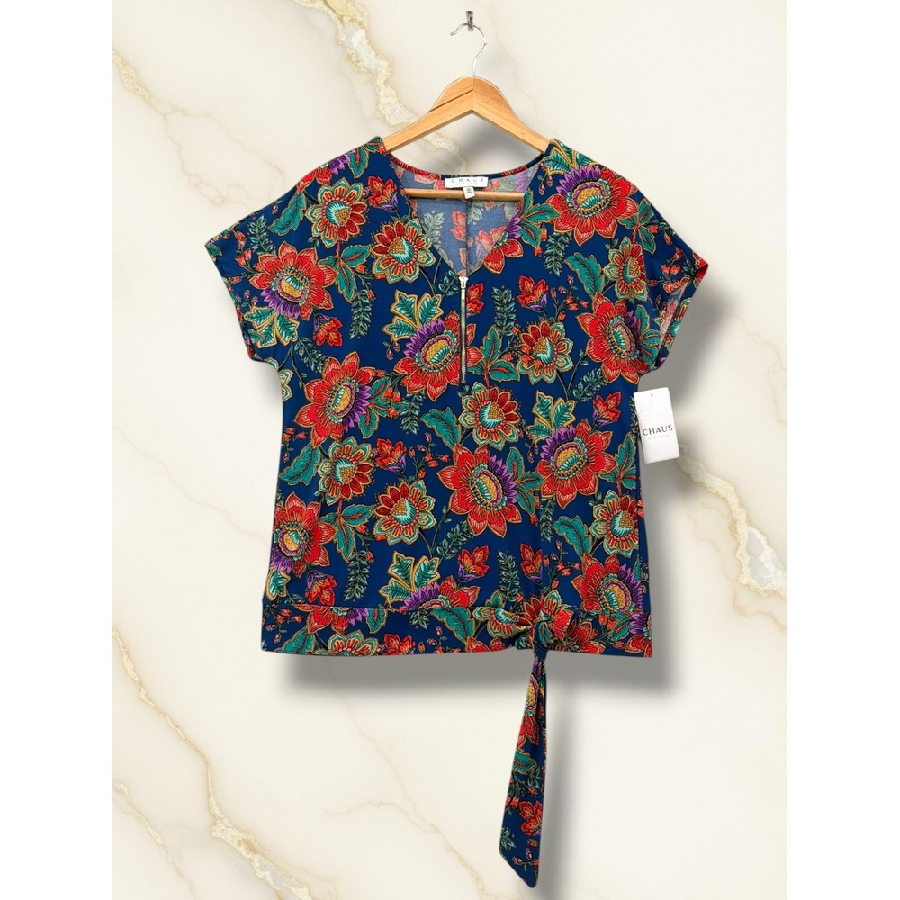 Chaus New York Floral Zip Front Side Tie‎ Stretch Jersey Blouse Size M